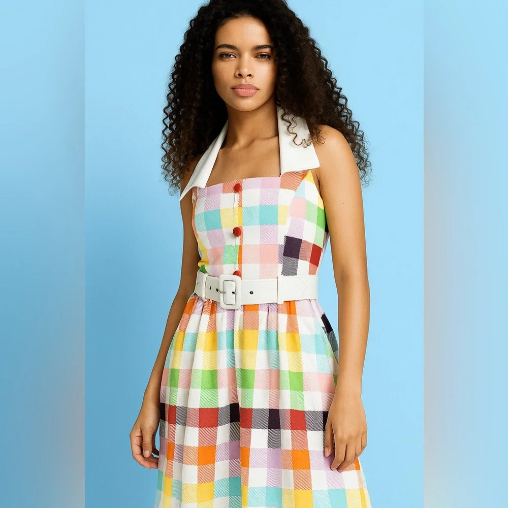 Unique Vintage Collectif Rainbows Over Hollywood Gingham Halter Swing Dress, NWT - Picture 6 of 16